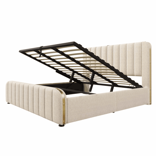 Cama estofada 180x200 cm - Cabeceira acolchoada com faixas douradas, porta USB tipo C, arrumação hidráulica - Bege