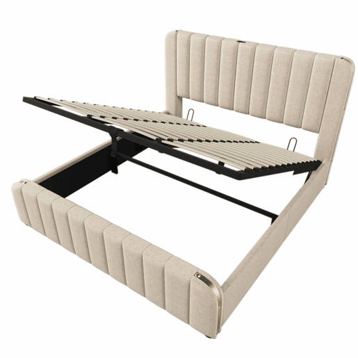 Cama estofada 180x200 cm - Cabeceira acolchoada com faixas douradas, porta USB tipo C, arrumação hidráulica - Bege
