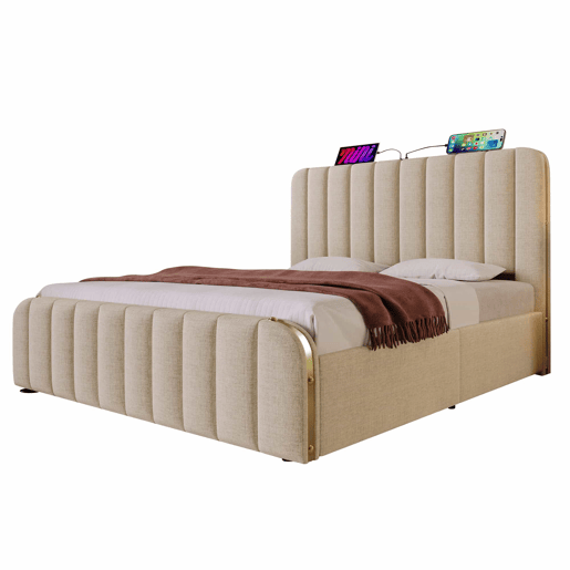 Cama estofada 180x200 cm - Cabeceira acolchoada com faixas douradas, porta USB tipo C, arrumação hidráulica - Bege