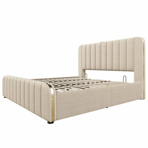 Cama estofada 180x200 cm - Cabeceira acolchoada com faixas douradas, porta USB tipo C, arrumação hidráulica - Bege