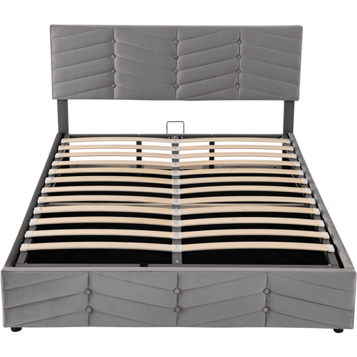 Cama de contentor em veludo com estrado de ripas + cabeceira regulável - 140x200cm - Cinzento Cama de contentor em veludo com estrado de ripas + cabeceira regulável - 140x200cm - Cinzento