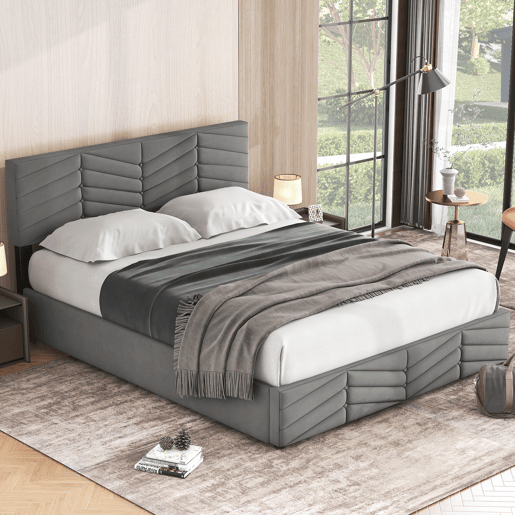 Cama de contentor em veludo com estrado de ripas + cabeceira regulável - 140x200cm - Cinzento Cama de contentor em veludo com estrado de ripas + cabeceira regulável - 140x200cm - Cinzento