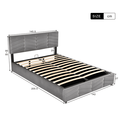 Cama de contentor em veludo com estrado de ripas + cabeceira regulável - 140x200cm - Cinzento Cama de contentor em veludo com estrado de ripas + cabeceira regulável - 140x200cm - Cinzento