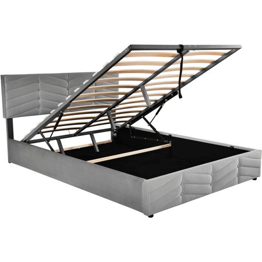 Cama de contentor em veludo com estrado de ripas + cabeceira regulável - 140x200cm - Cinzento Cama de contentor em veludo com estrado de ripas + cabeceira regulável - 140x200cm - Cinzento