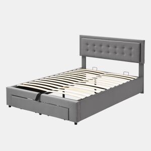 Cama contentor estofada em veludo 140x200cm - com gaveta e estrado de molas - Cinzento (sem colchão)