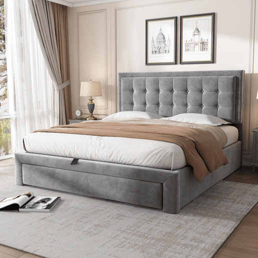 Cama contentor estofada em veludo 140x200cm - com gaveta e estrado de molas - Cinzento (sem colchão) Cama contentor estofada em veludo 140x200cm - com gaveta e estrado de molas - Cinzento (sem colchão)