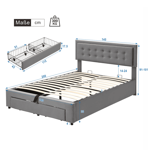 Cama contentor estofada em veludo 140x200cm - com gaveta e estrado de molas - Cinzento (sem colchão) Cama contentor estofada em veludo 140x200cm - com gaveta e estrado de molas - Cinzento (sem colchão)