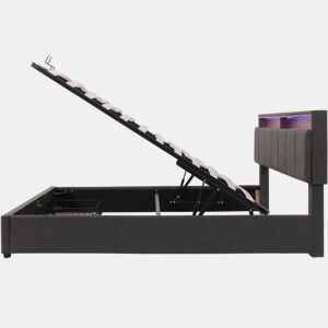 Cama estofada 160*200 - LED, armazenamento hidráulico, gavetas e cabeceira rebatível - cinzento