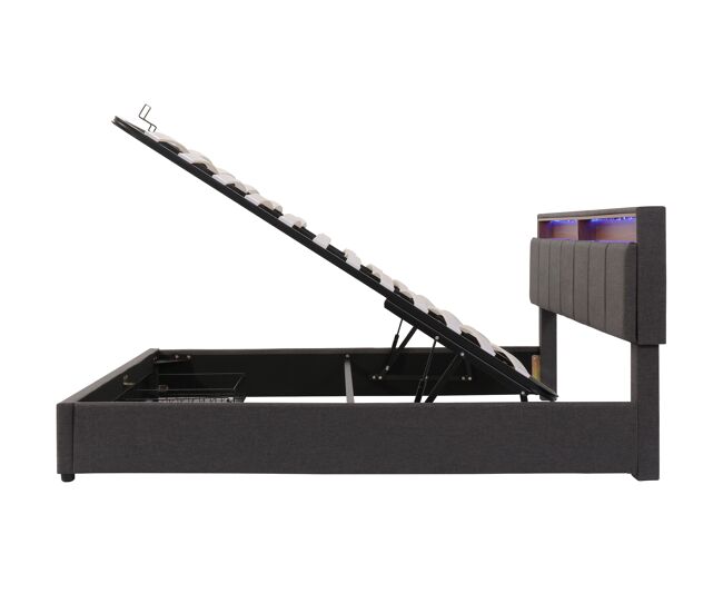 Cama tapizada 160*200 - led, almacenamiento hidráulico, cajones y cabecero abatible - gris