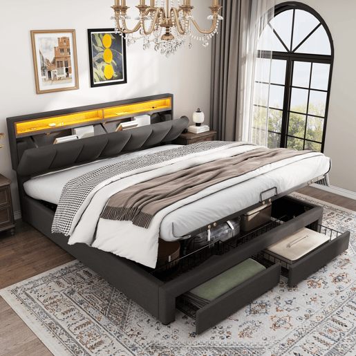 Cama estofada 160*200 - LED, armazenamento hidráulico, gavetas e cabeceira rebatível - cinzento