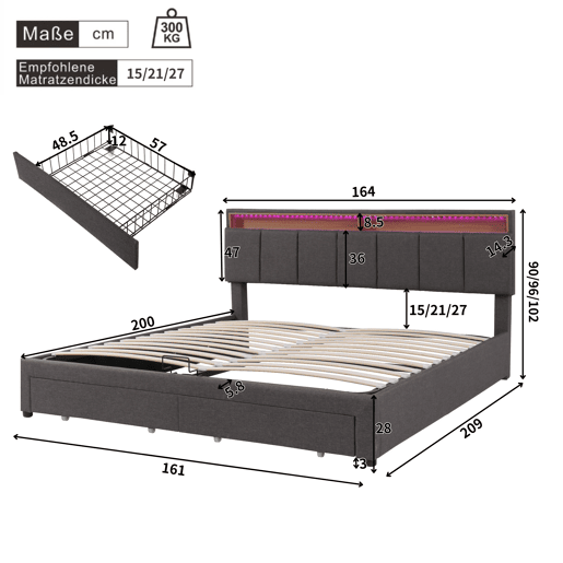 Cama estofada 160*200 - LED, armazenamento hidráulico, gavetas e cabeceira rebatível - cinzento