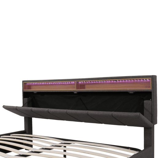 Cama estofada 160*200 - LED, armazenamento hidráulico, gavetas e cabeceira rebatível - cinzento