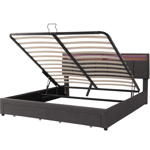 Cama estofada 160*200 - LED, armazenamento hidráulico, gavetas e cabeceira rebatível - cinzento