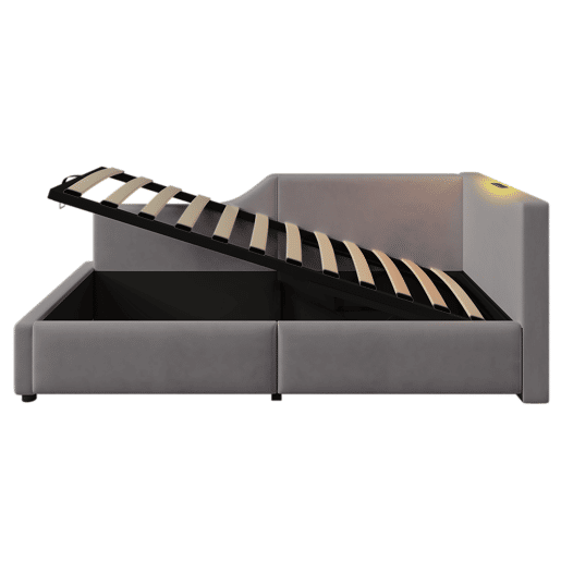 Cama para contentores 90x190cm - Sofá-cama de veludo - com luz de leitura e portas de carregamento - com base de ripas - Cinzento