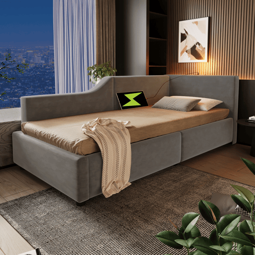 Cama para contentores 90x190cm - Sofá-cama de veludo - com luz de leitura e portas de carregamento - com base de ripas - Cinzento