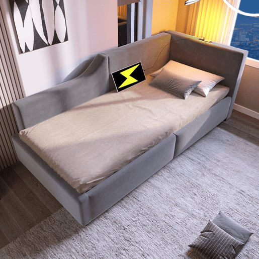 Cama para contentores 90x190cm - Sofá-cama de veludo - com luz de leitura e portas de carregamento - com base de ripas - Cinzento