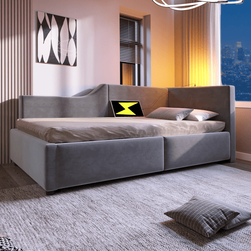 Cama para contentores 90x190cm - Sofá-cama de veludo - com luz de leitura e portas de carregamento - com base de ripas - Cinzento