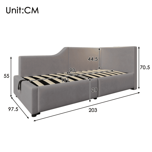 Cama para contentores 90x190cm - Sofá-cama de veludo - com luz de leitura e portas de carregamento - com base de ripas - Cinzento