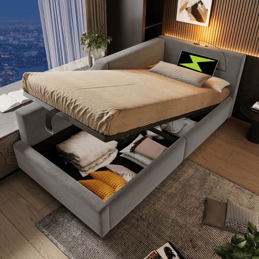 Cama para contentores 90x190cm - Sofá-cama de veludo - com luz de leitura e portas de carregamento - com base de ripas - Cinzento