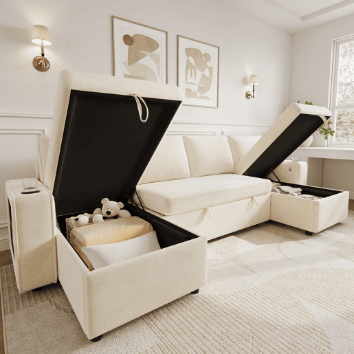 Sofá-cama 4 lugares conversível de tecido com armazenamento,bege Sofá-cama 4 lugares conversível de tecido com armazenamento,bege