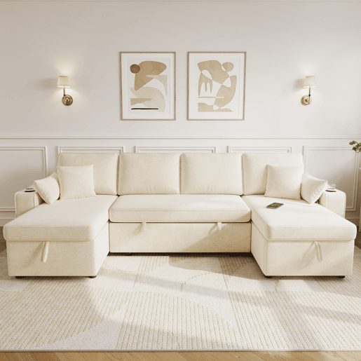 Sofá-cama 4 lugares conversível de tecido com armazenamento,bege Sofá-cama 4 lugares conversível de tecido com armazenamento,bege