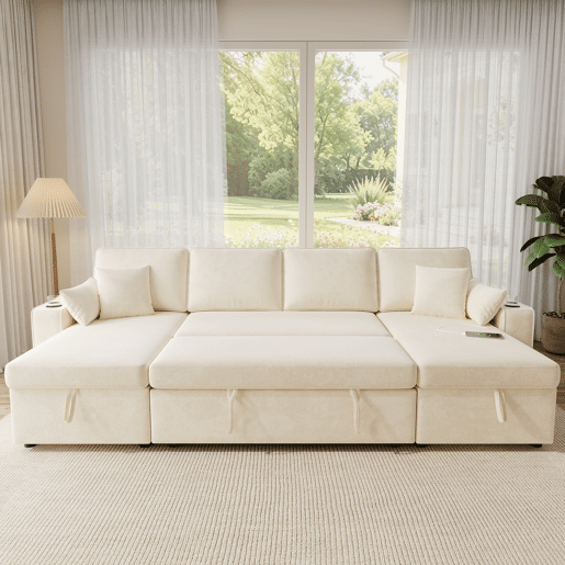 Sofá-cama 4 lugares conversível de tecido com armazenamento,bege Sofá-cama 4 lugares conversível de tecido com armazenamento,bege