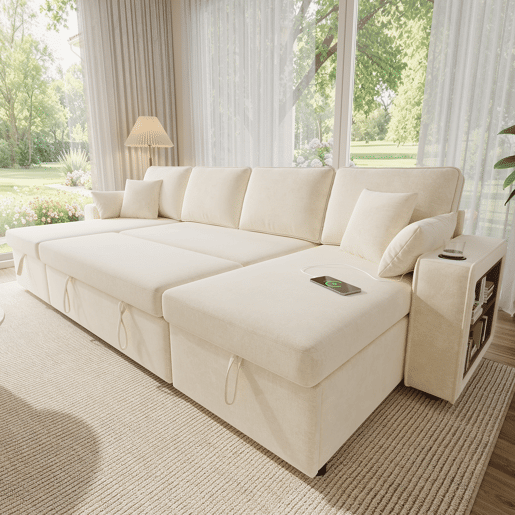 Sofá-cama 4 lugares conversível de tecido com armazenamento,bege Sofá-cama 4 lugares conversível de tecido com armazenamento,bege