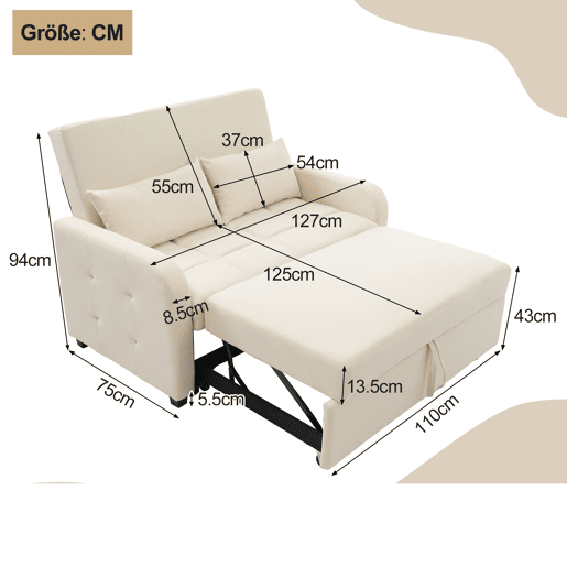 Sofá-cama 2 lugares conversível de algodão e linho,bege Sofá-cama 2 lugares conversível de algodão e linho,bege