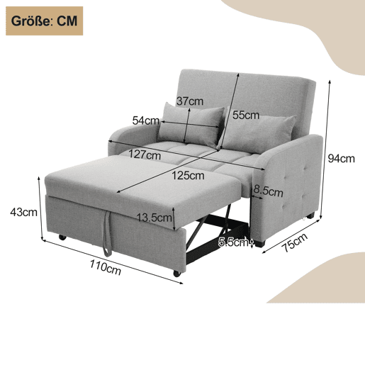 Sofá-cama 2 lugares conversível de algodão e linho,cinza claro