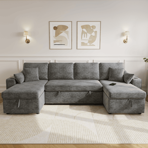 Sofá-cama 4 lugares conversível de tecido com armazenamento,cinza