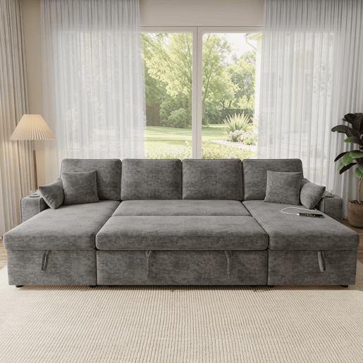 Sofá-cama 4 lugares conversível de tecido com armazenamento,cinza