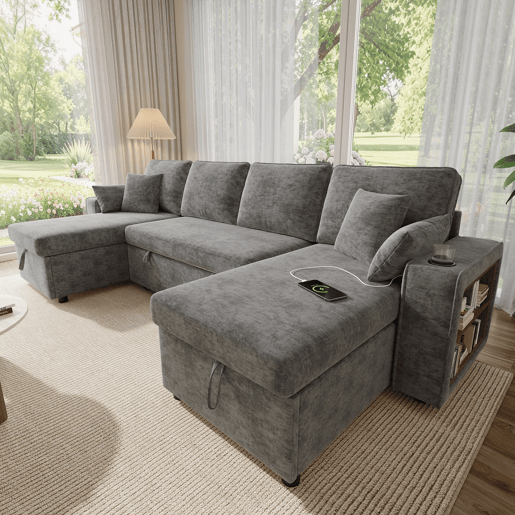 Sofá-cama 4 lugares conversível de tecido com armazenamento,cinza