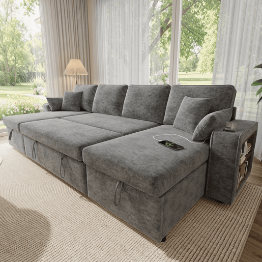 Sofá-cama 4 lugares conversível de tecido com armazenamento,cinza