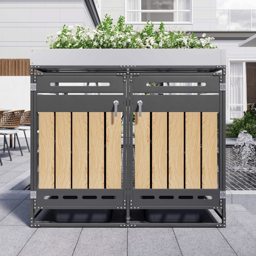 Caixote do lixo com vaso para plantas - painéis verticais de madeira, ventilação perfurada, armário de jardim em ferro com fechadura - preto