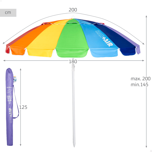 Aktive Guarda-sol de praia com 16 varetas, 200 cm, multicolorido, inclinável, proteção UV50