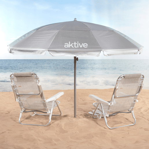Aktive Guarda-sol de praia com 10 varetas, 220 cm, cinza, inclinável, proteção UV50 Aktive Guarda-sol de praia com 10 varetas, 220 cm, cinza, inclinável, proteção UV50