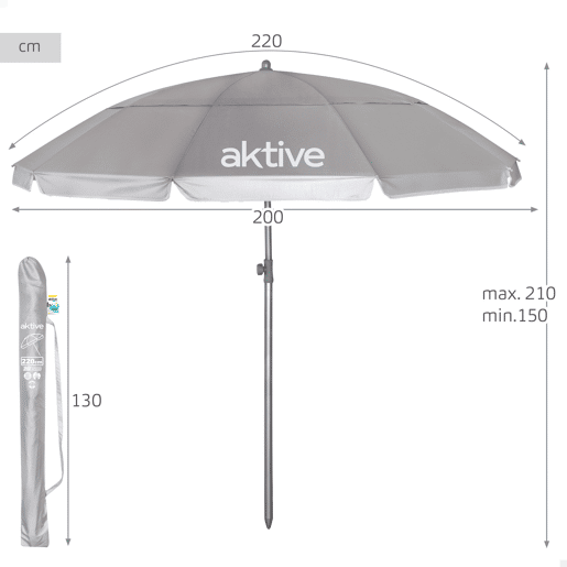 Aktive Guarda-sol de praia com 10 varetas, 220 cm, cinza, inclinável, proteção UV50 Aktive Guarda-sol de praia com 10 varetas, 220 cm, cinza, inclinável, proteção UV50