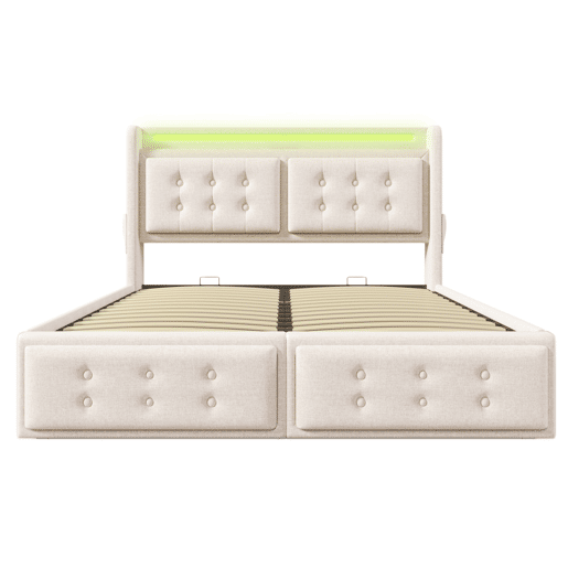 Cama de arrumação em tecido de linho 160x200 cm - com LED e portas de carregamento - Bege Cama de arrumação em tecido de linho 160x200 cm - com LED e portas de carregamento - Bege