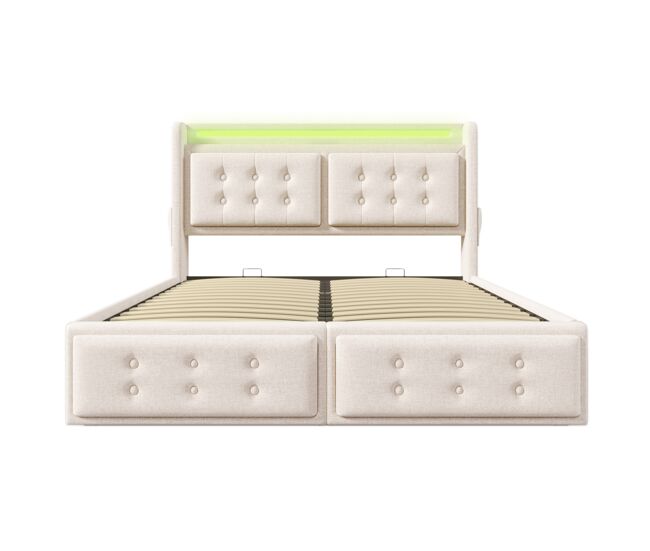 Cama con almacenaje de tela de lino de 160x200 cm - con led y puertos de carga - beige