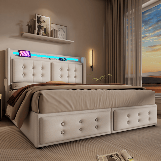 Cama de arrumação em tecido de linho 160x200 cm - com LED e portas de carregamento - Bege Cama de arrumação em tecido de linho 160x200 cm - com LED e portas de carregamento - Bege