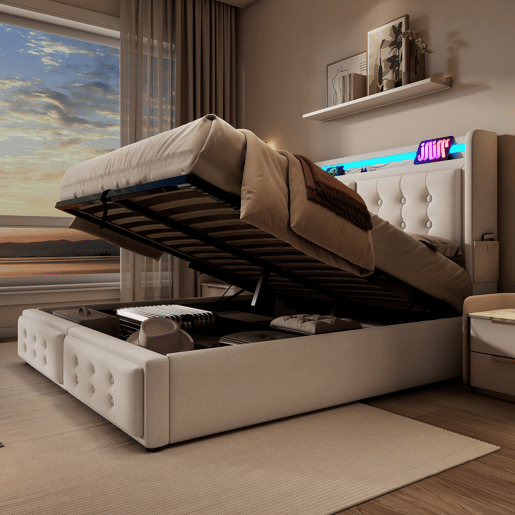 Cama de arrumação em tecido de linho 160x200 cm - com LED e portas de carregamento - Bege Cama de arrumação em tecido de linho 160x200 cm - com LED e portas de carregamento - Bege