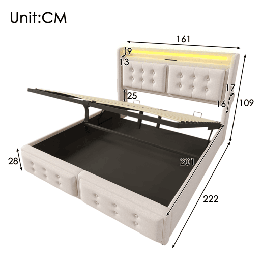 Cama de arrumação em tecido de linho 160x200 cm - com LED e portas de carregamento - Bege Cama de arrumação em tecido de linho 160x200 cm - com LED e portas de carregamento - Bege