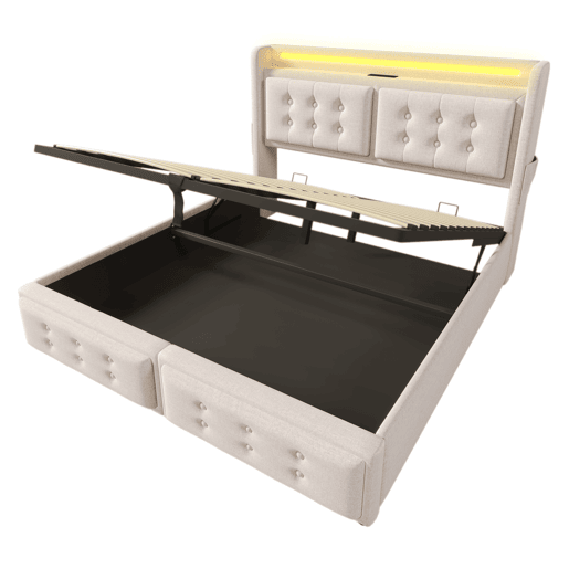 Cama de arrumação em tecido de linho 160x200 cm - com LED e portas de carregamento - Bege Cama de arrumação em tecido de linho 160x200 cm - com LED e portas de carregamento - Bege