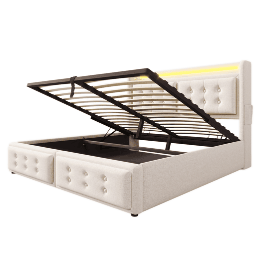 Cama de arrumação em tecido de linho 160x200 cm - com LED e portas de carregamento - Bege Cama de arrumação em tecido de linho 160x200 cm - com LED e portas de carregamento - Bege