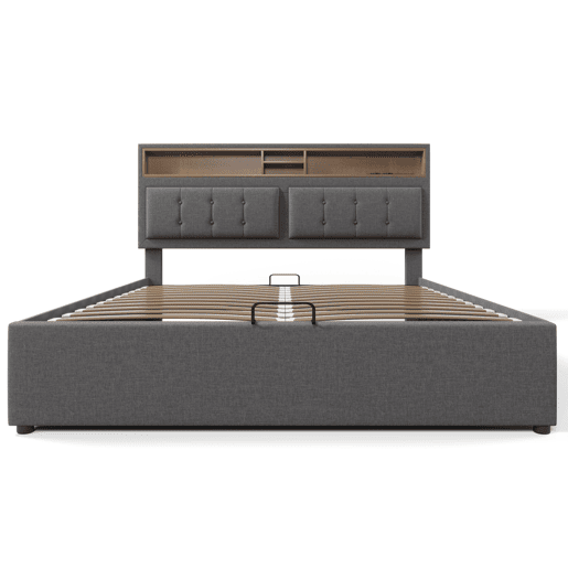 Cama estofada 140x200 - com função de carregamento USB C, cabeceira e arrumação - Cinza Cama estofada 140x200 - com função de carregamento USB C, cabeceira e arrumação - Cinza