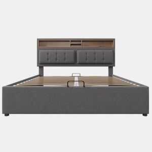 Cama estofada 140x200 - com função de carregamento USB C, cabeceira e arrumação - Cinza