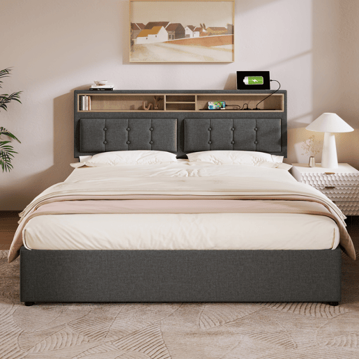 Cama estofada 140x200 - com função de carregamento USB C, cabeceira e arrumação - Cinza Cama estofada 140x200 - com função de carregamento USB C, cabeceira e arrumação - Cinza
