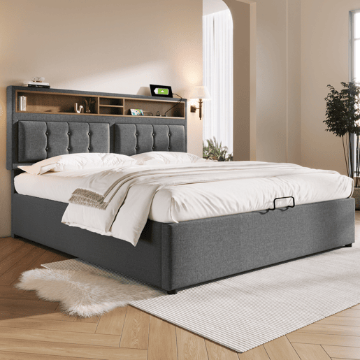 Cama estofada 140x200 - com função de carregamento USB C, cabeceira e arrumação - Cinza Cama estofada 140x200 - com função de carregamento USB C, cabeceira e arrumação - Cinza