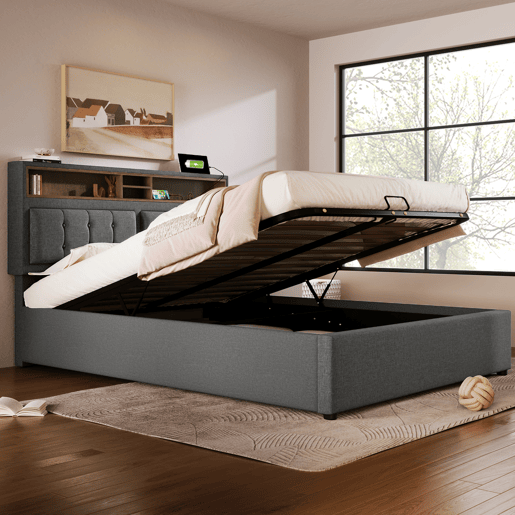 Cama estofada 140x200 - com função de carregamento USB C, cabeceira e arrumação - Cinza Cama estofada 140x200 - com função de carregamento USB C, cabeceira e arrumação - Cinza