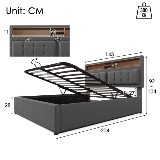 Cama estofada 140x200 - com função de carregamento USB C, cabeceira e arrumação - Cinza Cama estofada 140x200 - com função de carregamento USB C, cabeceira e arrumação - Cinza